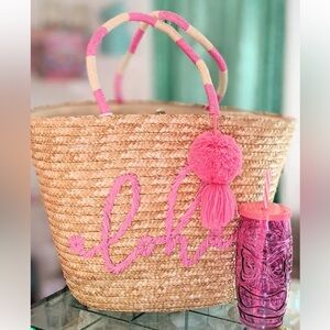 Mud Pie Aloha Natural Woven Straw Pom Tote Beach Bag